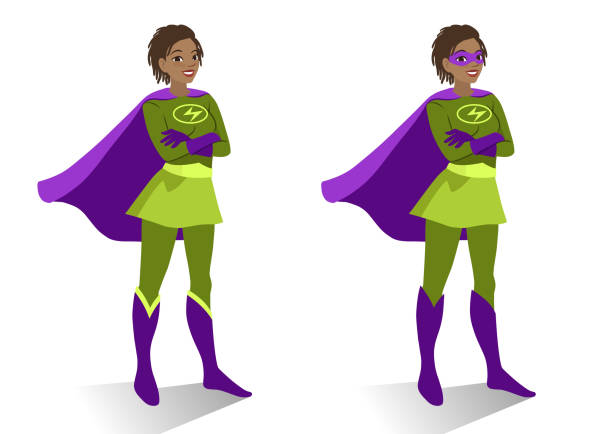 African American superhero woman in  costume and mask standing with crossed arms. Vector cartoon character illustration in flat contemporary style isolated on white background. Women activism concept African American superhero woman in  costume and mask standing with crossed arms. Vector cartoon character illustration in flat contemporary style isolated on white background. Women activism concept black superwoman stock illustrations