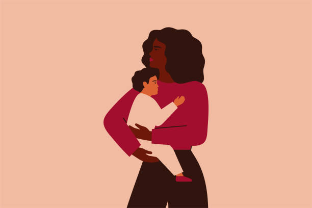 African American woman adopted white baby boy. Black female holds and embraces her child with love and care African American woman adopted white baby boy. Black female holds and embraces her child with love and care. Vector illustration african american mothers day stock illustrations