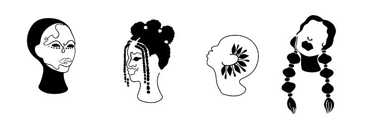 African american woman hand drawn set. Turban tribal  decoration.Accessories element.Isolated on white. Africa boho art.Portrait  girl hairstyle. Black sillhouette ethnic decor.Tribal beauty