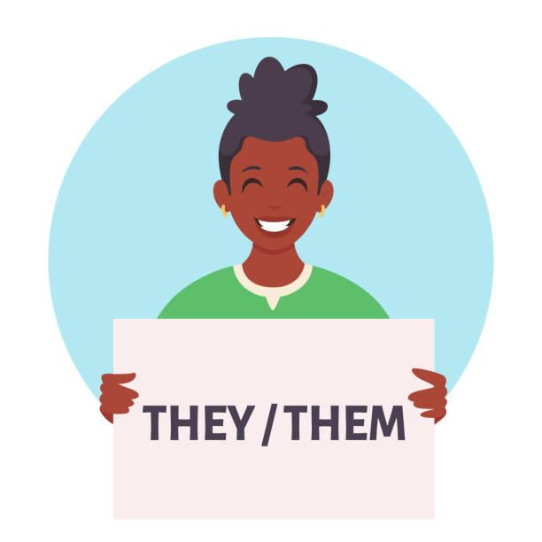 african american woman holding sign with gender pronouns. she, he, they, non-binary. gender-neutral movement. vector illustration - 非二元性別 插圖 幅插畫檔、美工圖案、卡通及圖標