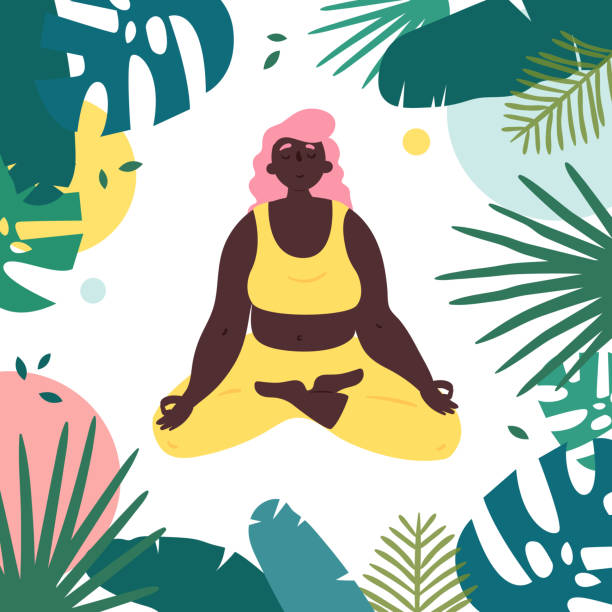 African american woman in lotus yoga pose African american woman in lotus yoga position. Body positive girl with black skin meditates and relax in tropical surrounding.  Female in harmony with herself, mental and body health. Vector flat positive body image stock illustrations