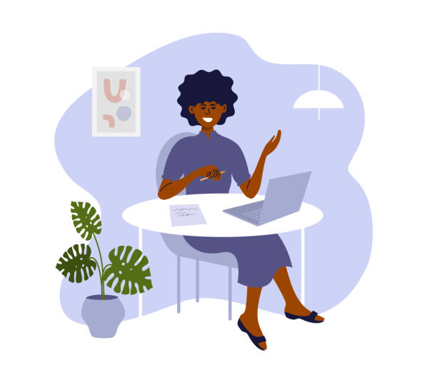 African american woman work from home making video call African american woman sitting at table working, studying using laptop. Black female talking making video call. Freelance, networking. Job interview, online employment. Home office vector illustration job interview stock illustrations