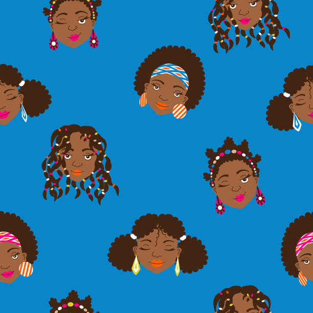 stockillustraties, clipart, cartoons en iconen met afro-amerikaanse vrouwen gezichten + verschillende kapsels naadloze patroon - hair braid