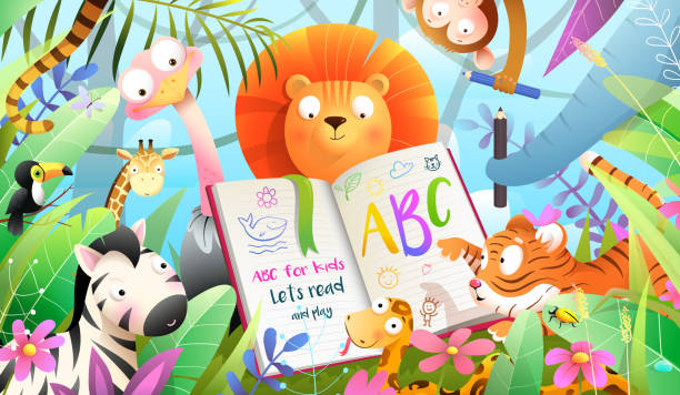 African Animals Reading Book Learning in Jungle African animals in jungle reading ABC book and learning to write. Forest animals literature and education class, adorable kids animals studying how to read. Vector illustration in watercolor style. writing activity backgrounds stock illustrations