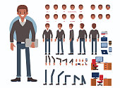 Business man character constructor and office objects for animation.  Set of various men's poses, faces, mouth, hands, legs. Flat style vector illustration isolated on white background.