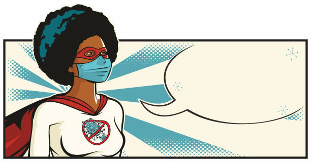 stockillustraties, clipart, cartoons en iconen met afrikaanse coronavirus superheld - arts vrouw mondkapje