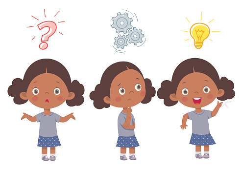 African Cute child thinking. Thoughtful Girl, confused Girl, and girl with illustrated bulb above his head stock illustration