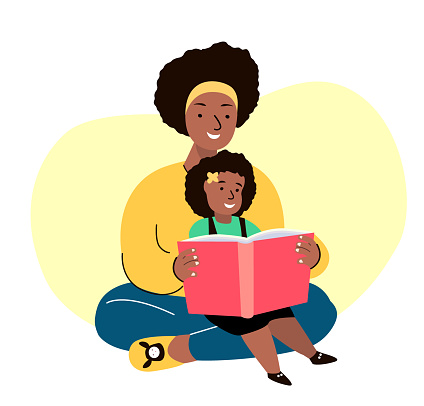 African Dark Skinned Smiling Family.Mother and Daughter Reading Book Together.Young Adult Parent.Baby,Girl, Woman,Child Kid.Caring Mom,Nanny or Babysitter.Relatives Having Fun.Flat Vector Illustration