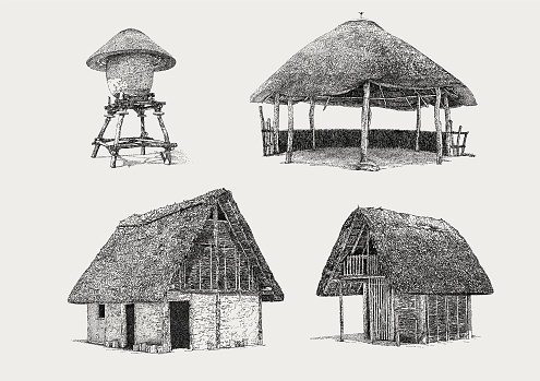 African Huts. Mud Houses. Water tower straw grass