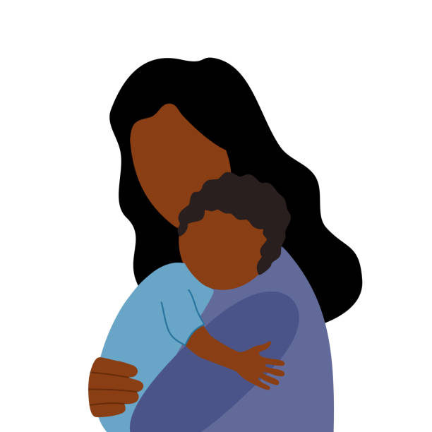 African mom holding her baby child in flat design on white background. African mom holding her baby child in flat design on white background. african american mothers day stock illustrations