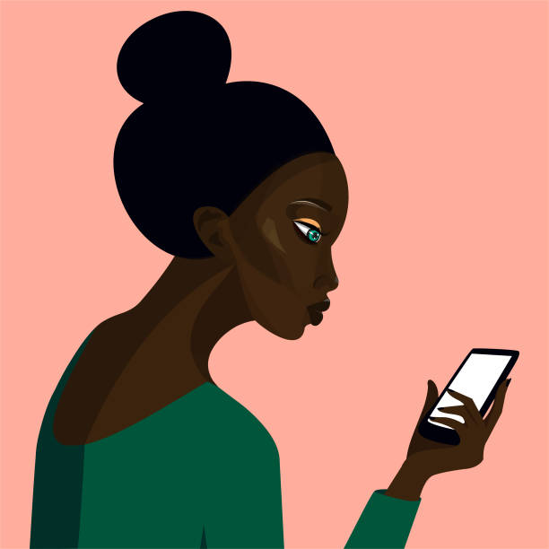 African pretty girl. Vector Illustration of Black Woman with phone in hand African pretty girl. Vector Illustration of Black Woman with phone in hand. Isolated on pink background. black woman using phone stock illustrations