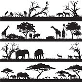 Four panels of african silhouettes with african wild animals in different habitats. Vector EPS10 file. 