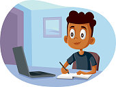 Home schooled child learning online from digital classes