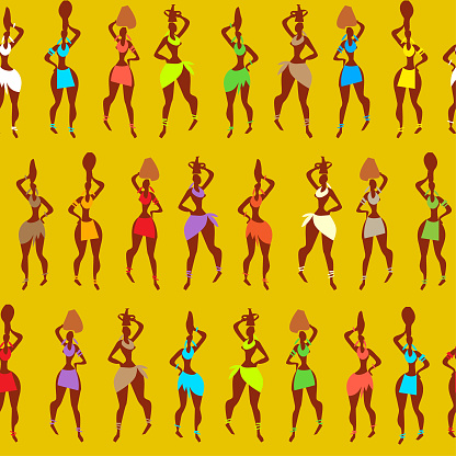 African seamless pattern, fun pattern with people. People in colorful clothes on a bright background. Tribal theme.