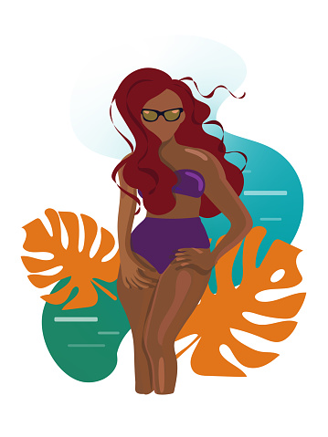 African shapely red-haired woman wearing violet swimsuit and sunglasses on abstract background with sea and monstera leaves.