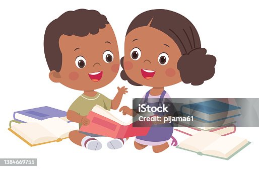 istock African Smiling boy and girl reading books. Cartoon illustration for banner, poster. 1384669755