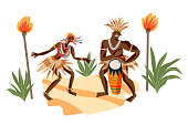 istock African tribal people playing music and dancing. Man and woman performing with drums in tribe vector illustration. Girl and guys with instrument. Traditional elements and ceremony 1320931696