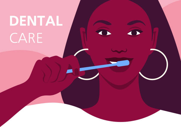 bildbanksillustrationer, clip art samt tecknat material och ikoner med afrikansk kvinna borstar tänderna. hälsosamt leende. - kvinna borstar tänderna