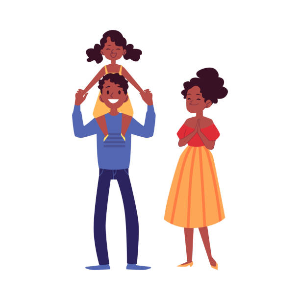 stockillustraties, clipart, cartoons en iconen met afro-amerikaanse familie staande met dochter op papa schouders cartoon stijl - blote schouder