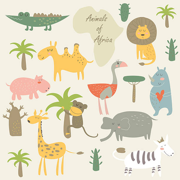 africananimalsmap Vector set of cute African animals in cartoon style. Funny camel, alligator, lion, ostrich, hippo, rhino, monkey, giraffe, elephant, zebra, palms, trees. outlines of an ostrich stock illustrations