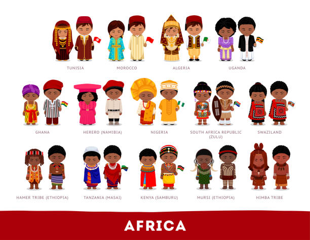 Africans in national clothes. Africa. Set of cartoon characters in traditional costume. Cute people. Vector flat illustrations. tunisian girls stock illustrations