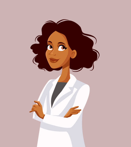 stockillustraties, clipart, cartoons en iconen met afro amerikaanse vrouwelijke arts met wapens gekruist vector karakter - laboratoriumjas
