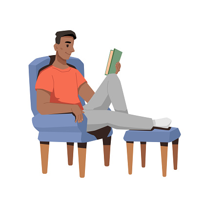 Afro american guy reading book in chair with footrest isolated flat cartoon character. Vector studying or relaxing in armchair, smart couch reader with magazine. Hobby, spending free time