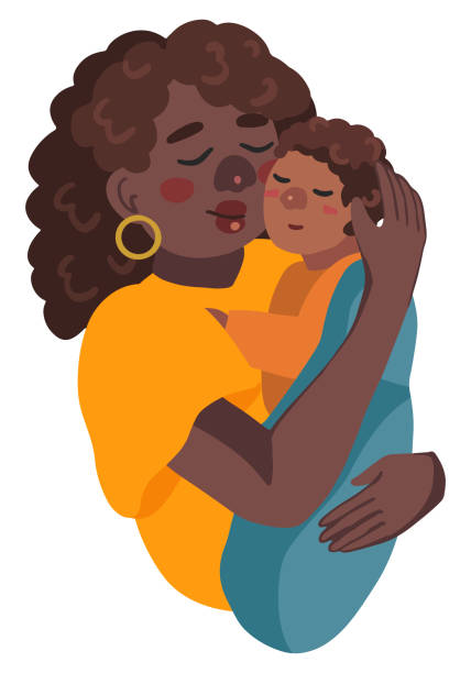 Afro American mother and child. Woman holding baby in her hands. Mother's Day, parenthood. Hand drawn vector illustration. Cartoon clipart isolated on white. Flat element for design, card, sticker. Afro American mother and child. Woman holding baby in her hands. Mother's Day, parenthood. Hand drawn vector illustration. Cartoon clipart isolated on white. Flat element for design, card, sticker. african american mothers day stock illustrations