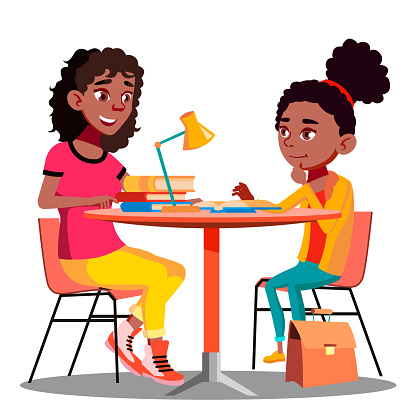 Afro American Mother Helps Child Do School Homework Vector. Isolated Illustration