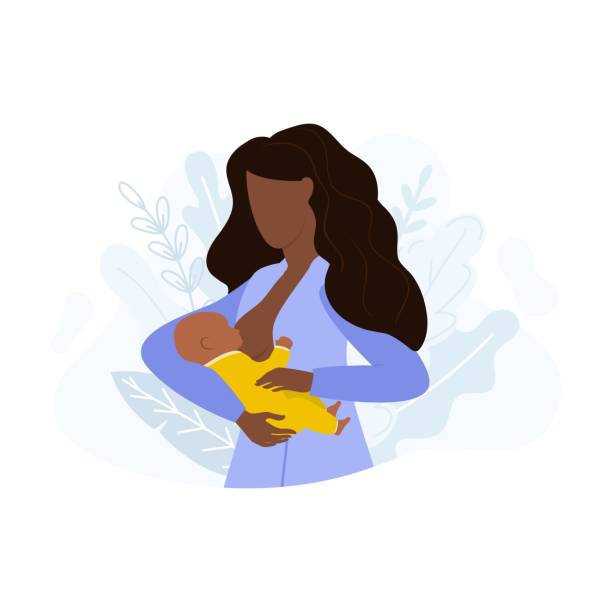 ilustrações de stock, clip art, desenhos animados e ícones de afro american woman breastfeeding baby in arms - black mother