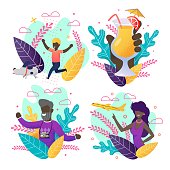 Invitation with Summer Set. Cartoon Afro-American People on Greeting Cards. Vector Black Woman, Man and Children Enjoy Summertime and Vacation. Hand with Tropical Drink. Flat Illustration