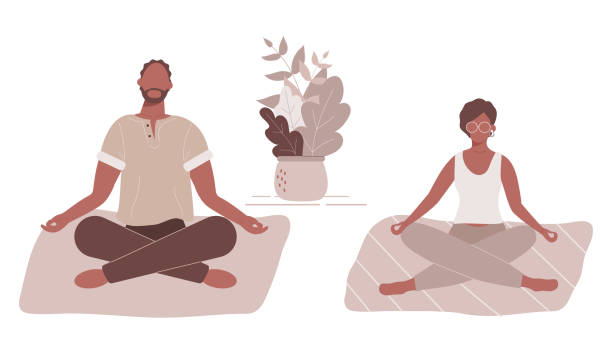 illustrazioni stock, clip art, cartoni animati e icone di tendenza di donna e uomo afro-americani in posizione di loto yoga facendo meditazione, pratica di consapevolezza - accavallare le gambe