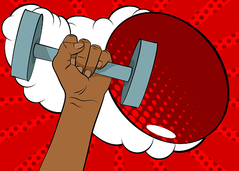 Afro-American woman hand holding dumbbell on comic book background.