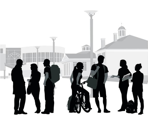 After Lecture Silhouette vector illustration of a crowd of students with a school or college in the background architecture clipart stock illustrations