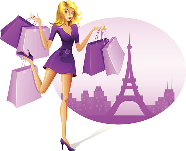 After, shopping in Paris! Beautiful Woman with Shopping Bags. High Resolution JPG and Illustrator 0.8 EPS included.    girls in very short dresses stock illustrations