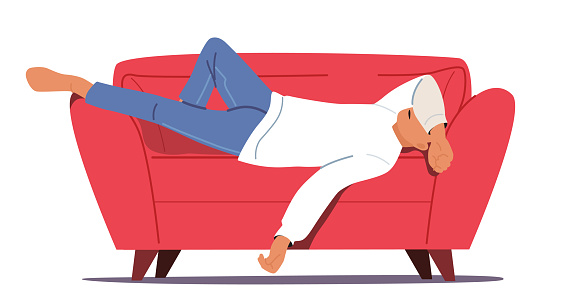 Afternoon Slump, Laziness and Procrastination Postpone, Boredom and Sleepy Work Concept, Male Character Sleeping Lay Down on Sofa Cover His Face With Hand. Cartoon People Vector Illustration