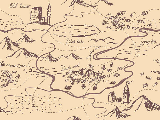 Aged fantasy vintage seamless map Mountains, buildings, trees, hills, river. Hand drawn fairytale historic treasure map. Seamless background, vector. river borders stock illustrations