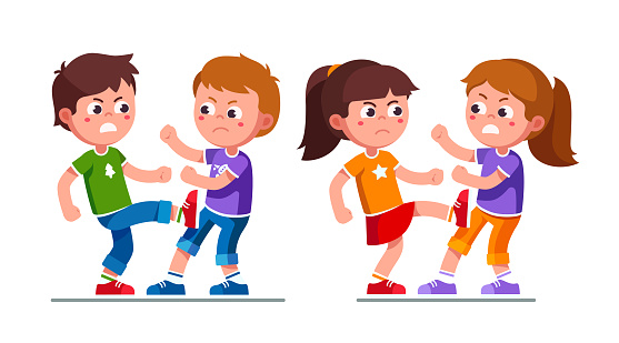 Aggressive bully preschool boys, girls kids fighting each other kicking legs. Violent childhood behavior. Bullying children cartoon characters. Flat vector clipart illustration.