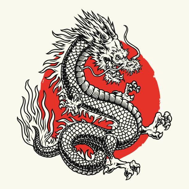 Aggressive japanese fantasy dragon concept Aggressive japanese fantasy dragon concept in vintage monochrome style isolated vector illustration snakes tattoos stock illustrations