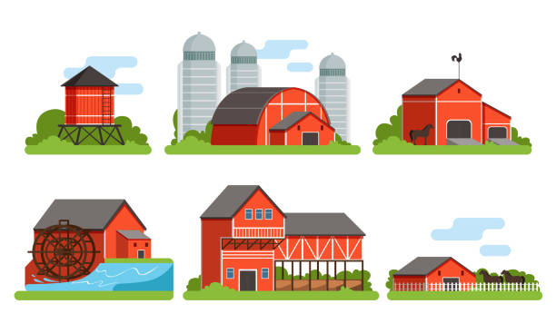 Agricultural Buildings Collection, Countryside Life and Industrial Objects, Farm House, Barn, Silo Towers, Water Mill, Vector Illustration on White Background Agricultural Buildings Collection, Countryside Life and Industrial Objects, Farm House, Barn, Silo Towers, Water Mill, Vector Illustration Isolated on White Background. water wheel stock illustrations