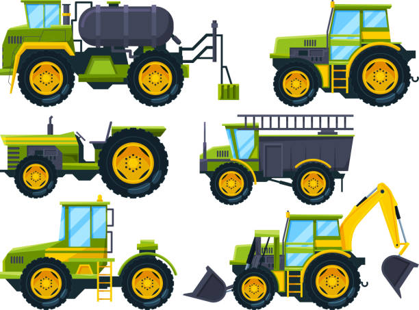 Agricultural machinery. Colored pictures in cartoon style Agricultural machinery. Colored pictures in cartoon style. Vector machinery farm, equipment tractor for farming illustration agricultural equipment stock illustrations