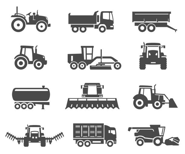 illustrazioni stock, clip art, cartoni animati e icone di tendenza di macchine agricole, veicoli icone silhouette nere incastonate isolate su bianco. - software agricoltura irrigazione