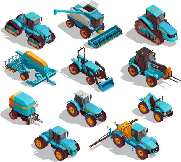 agricultural machines isometric Agricultural machines isometric icons set with tractor and sprayer isolated vector illustration agricultural machinery stock illustrations