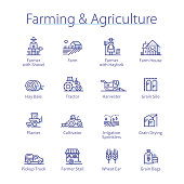 Agriculture, farming & agronomy concept. Farmer man & woman, village tractor, hay bale, wheat harvest, plant growth thin line icons set. Farm crop harvesting isolated linear flat vector illustrations