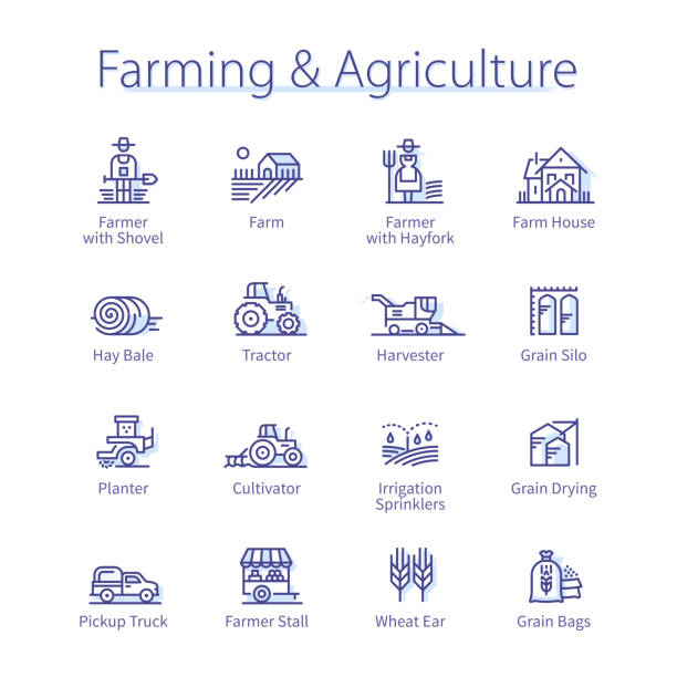 Agriculture, farming & agronomy concept. Farmer man & woman, village tractor, hay bale, wheat harvest, plant growth thin line icons set. Farm crop harvesting linear vector illustrations Agriculture, farming & agronomy concept. Farmer man & woman, village tractor, hay bale, wheat harvest, plant growth thin line icons set. Farm crop harvesting isolated linear flat vector illustrations truck icons stock illustrations