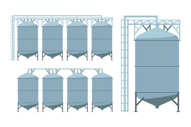 Agriculture grain silos. Agro manufacturing plant for processing drying cleaning and storage of agricultural products, flour, cereals and grain. Vector illustration. Agriculture grain silos. Agro manufacturing plant for processing drying cleaning and storage of agricultural products, flour, cereals and grain. Vector illustration. storage tank stock illustrations