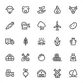 Agriculture - 25 Outline Style - Single black line icons - Pixel Perfect / Pack #33
Icons are designed in 48x48pх square, outline stroke 2px.

First row of outline icons contains:
Sheep, Pig, Leaf in human hand, Chicken - Bird, Cow;

Second row contains:
Carrot, Watering Can, Rain, Wind Turbine, Potato;  

Third row contains:
Truck, Wheat, Sunrise and Field, Corn - Crop, Milk Bottle;

Fourth row contains:
Eggs in Container, Crossed Shovel and Rake, Tomato, Haystack, Sugar Bag;

Fifth row contains:
Tractor, Turnip, Barn, Windmill, Tree.

Complete Grandico collection - https://www.istockphoto.com/collaboration/boards/FwH1Zhu0rEuOegMW0JMa_w