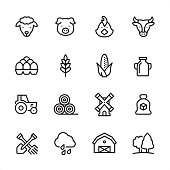 16 line black on white icons / Set #45 / Agriculture and Farm
Pixel Perfect Principle - all the icons are designed in 48x48pх square, outline stroke 2px.

irst row of outline icons contains: 
Sheep, Pig, Chicken, Cow;

Second row contains: 
Eggs in stack, Wheat, Corn Crop, Milk;

Third row contains: 
Tractor, Haystack, Windmill, Sugar Bag; 

Fourth row contains: 
Crossed Shovel and Rake, Rain, Barn, Forest.

Complete Inlinico collection - https://www.istockphoto.com/collaboration/boards/2MS6Qck-_UuiVTh288h3fQ