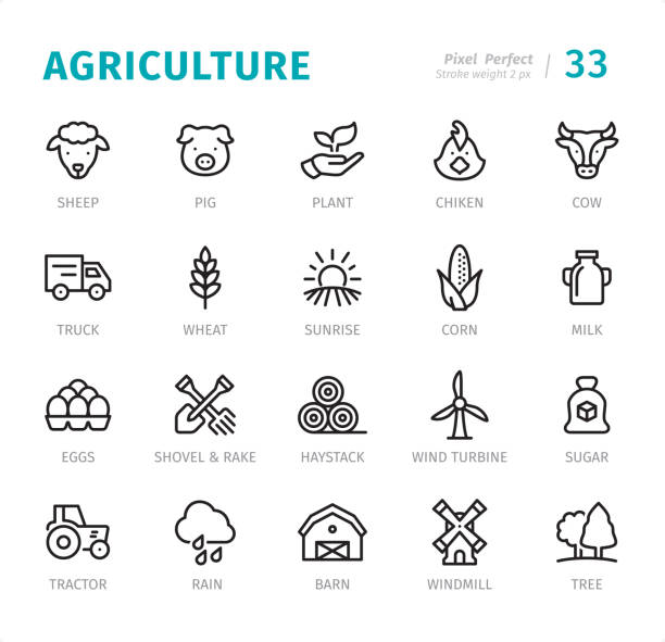 bildbanksillustrationer, clip art samt tecknat material och ikoner med jordbruk-pixel perfect linje ikoner med bildtexter - wind turbine sunset