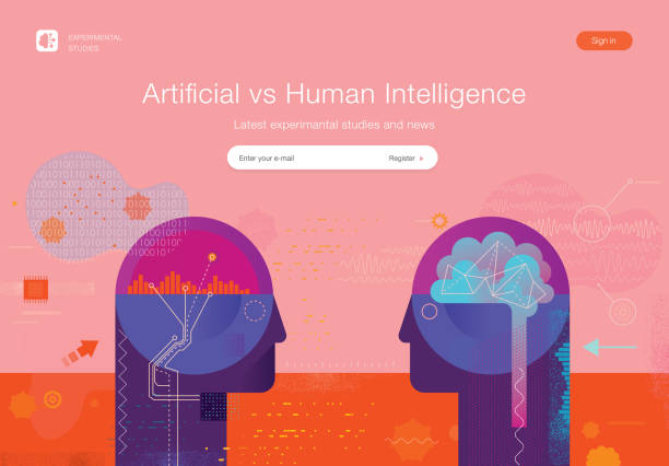 Ai Research Web Template Trendy website template including vector illustration depicting artificial intelligence vs human intelligence concept and copy space text. robot patterns stock illustrations